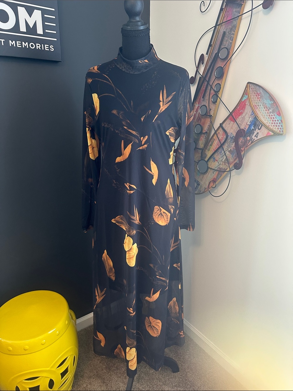 AllSaints Black Maxi Dress with Gold Floral Motif